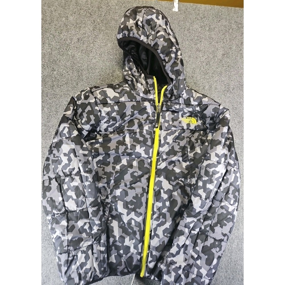 North Face Reversible Coat Full-Zip Boys XL 18-20 Hooded Black/Gray Camo 1455